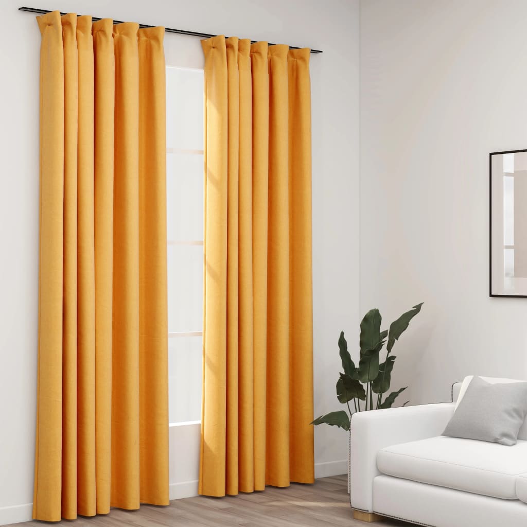 Blackout curtains hooks linen look 2 pieces yellow 140x225 cm