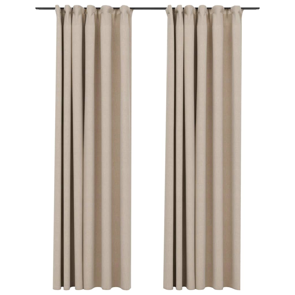 Blackout curtains hooks linen look 2 pieces beige 140x225 cm