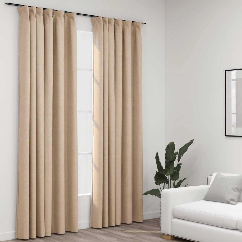 Blackout curtains hooks linen look 2 pieces beige 140x225 cm