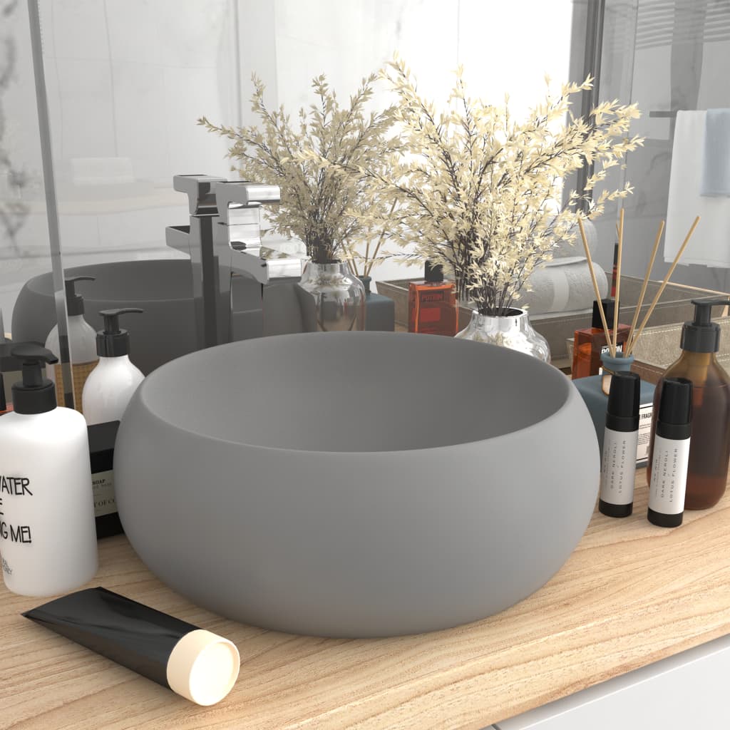 Luxurious round washbasin matt light gray 40x15 cm ceramic