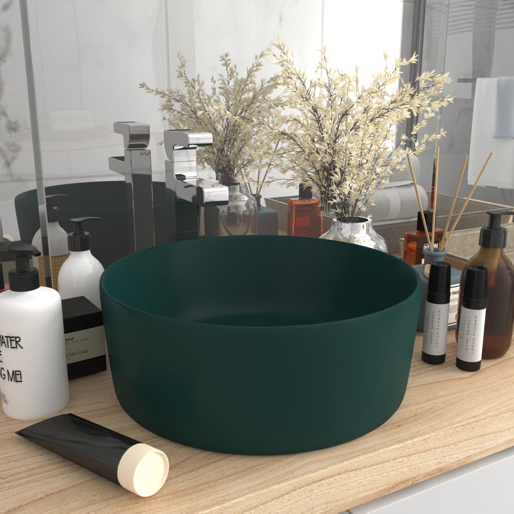 Luxurious round washbasin matt dark green 40x15 cm ceramic