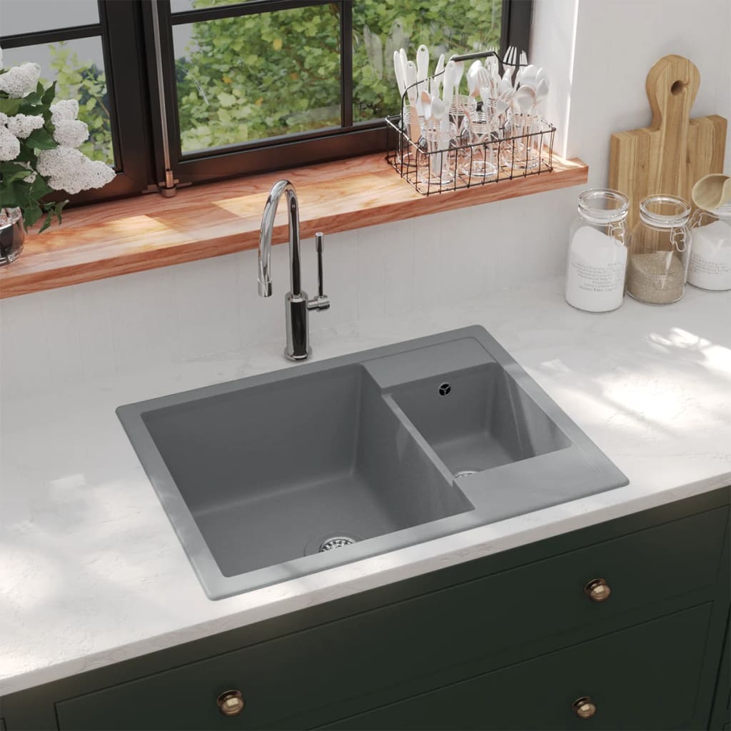 Kitchen sink with overflow double bowl gray granite