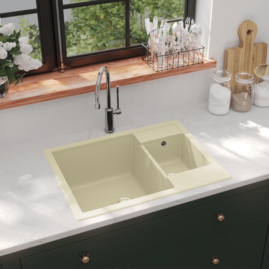 Kitchen sink with overflow double bowl beige granite