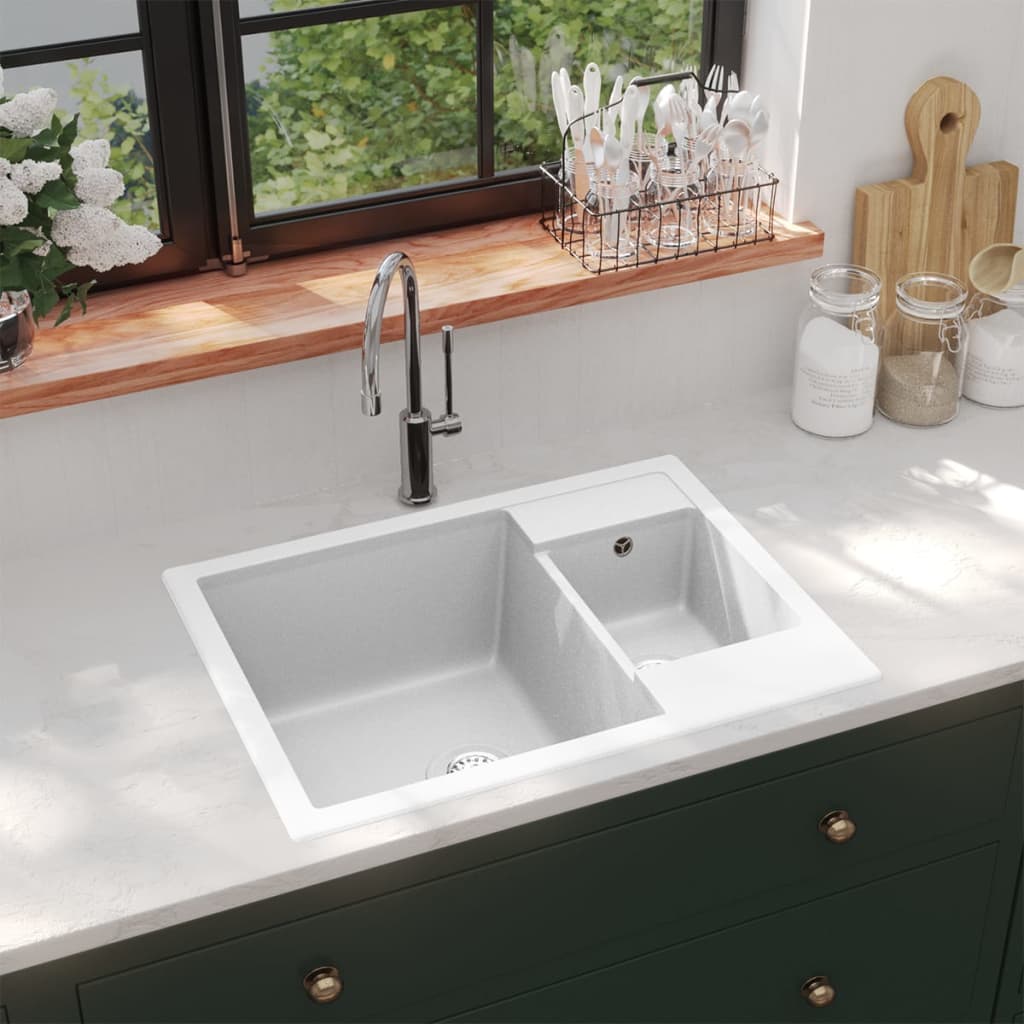 Kitchen sink with overflow double bowl white granite