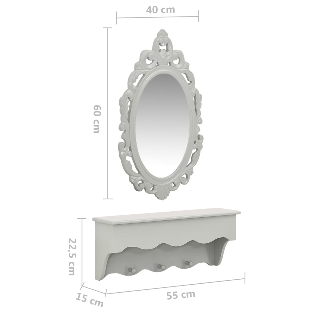 Wall shelf with mirror and hooks for keys and jewelry gray