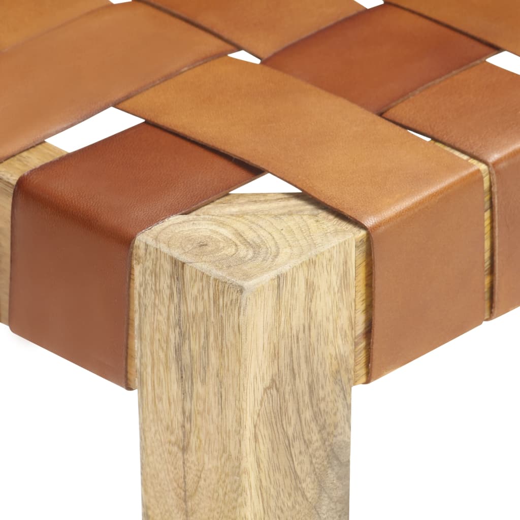 Stool light brown genuine leather and mango solid wood