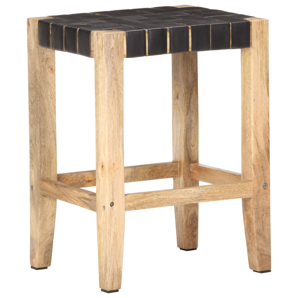 Bar stools 2 pcs. Black genuine leather solid mango wood 46x36x60 cm