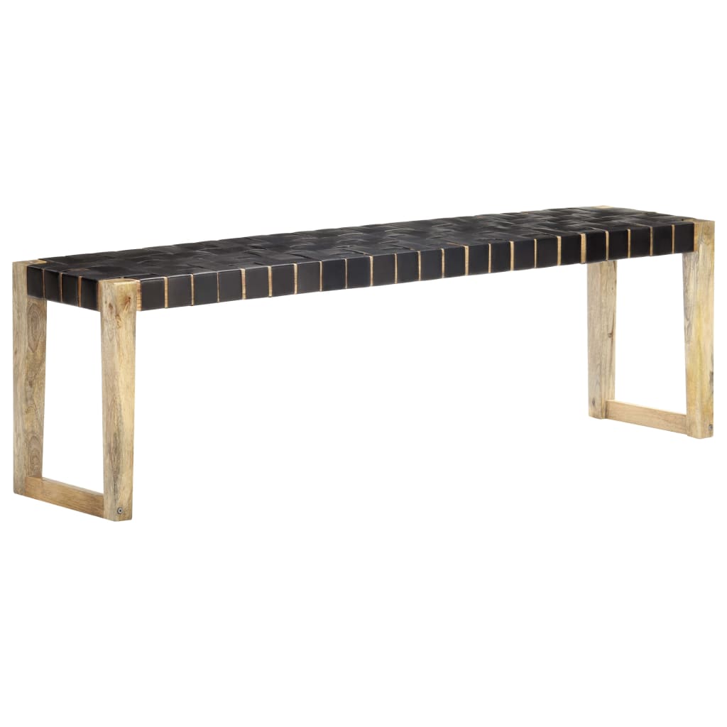 Bench 150 cm black genuine leather and solid mango wood