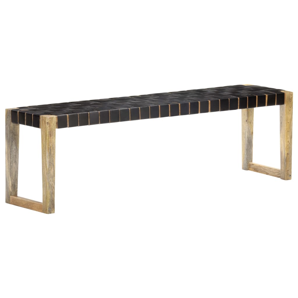 Bank 150 cm Schwarz Echtleder und Massivholz Mango