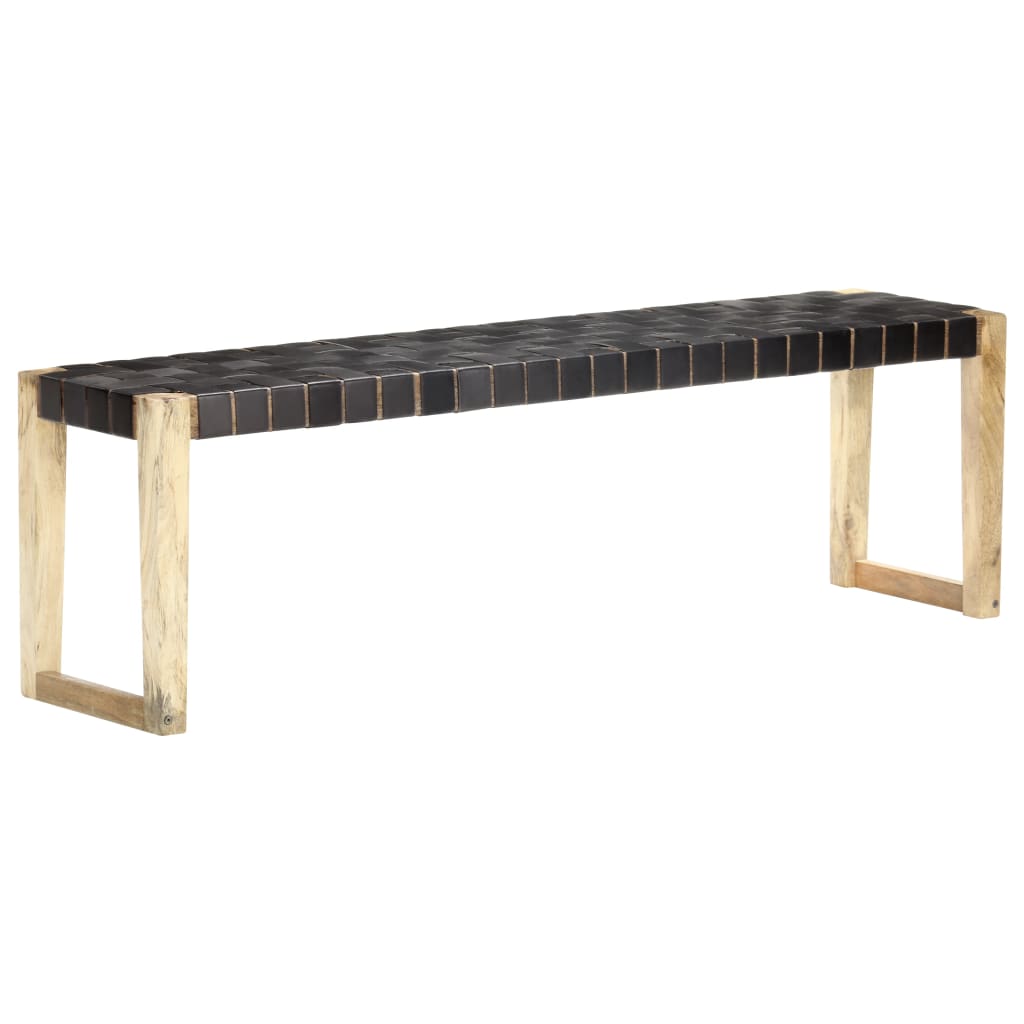 Bank 150 cm Schwarz Echtleder und Massivholz Mango