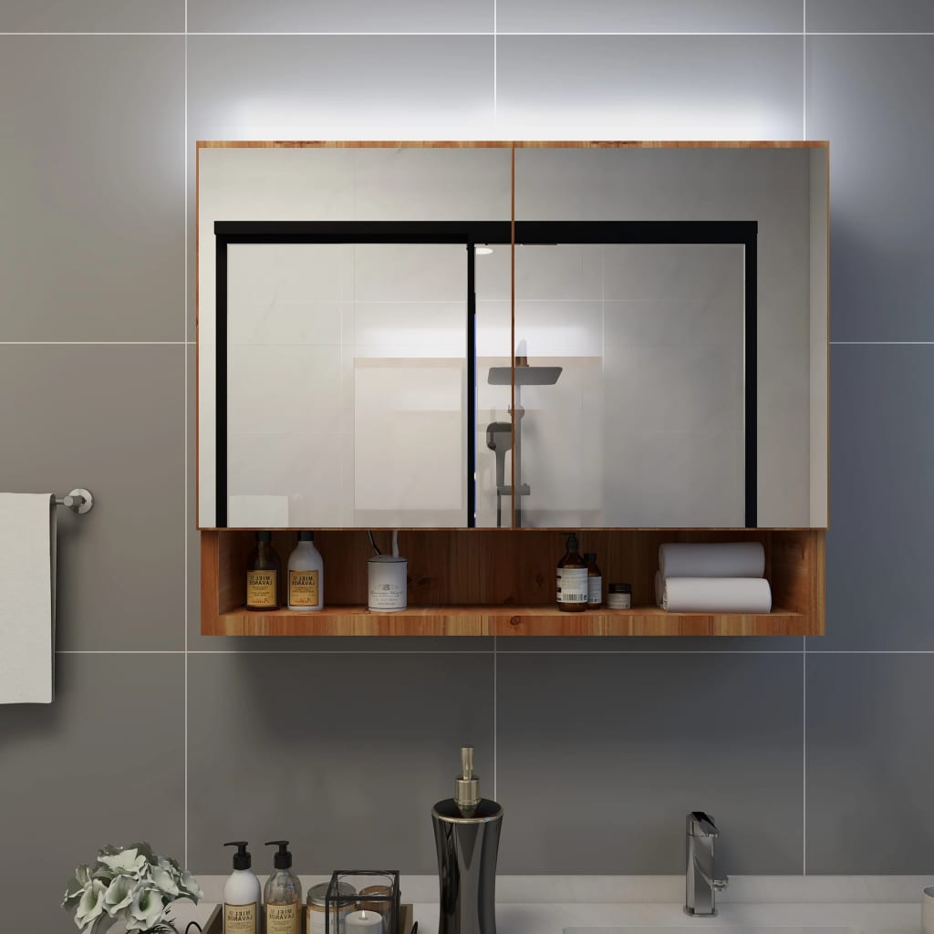 LED bathroom mirror cabinet oak colored 80x15x60 cm MDF