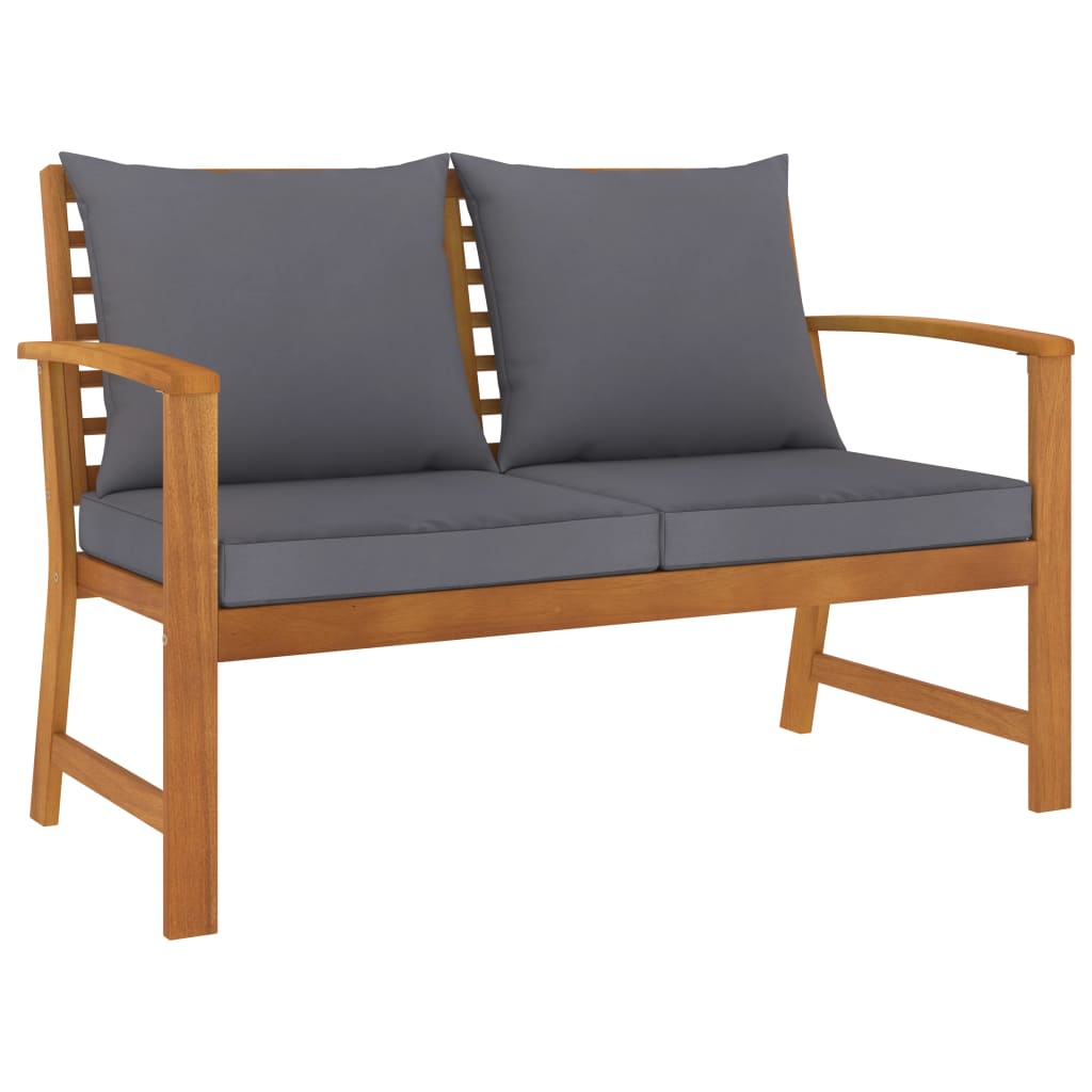 Garden bench 120 cm with dark gray cushions made of solid acacia wood