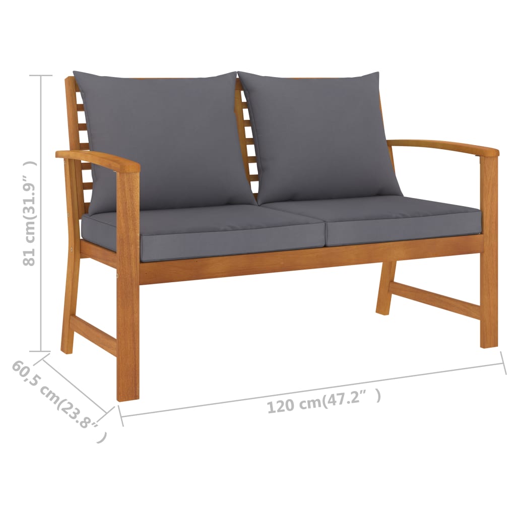 Garden bench 120 cm with dark gray cushions made of solid acacia wood