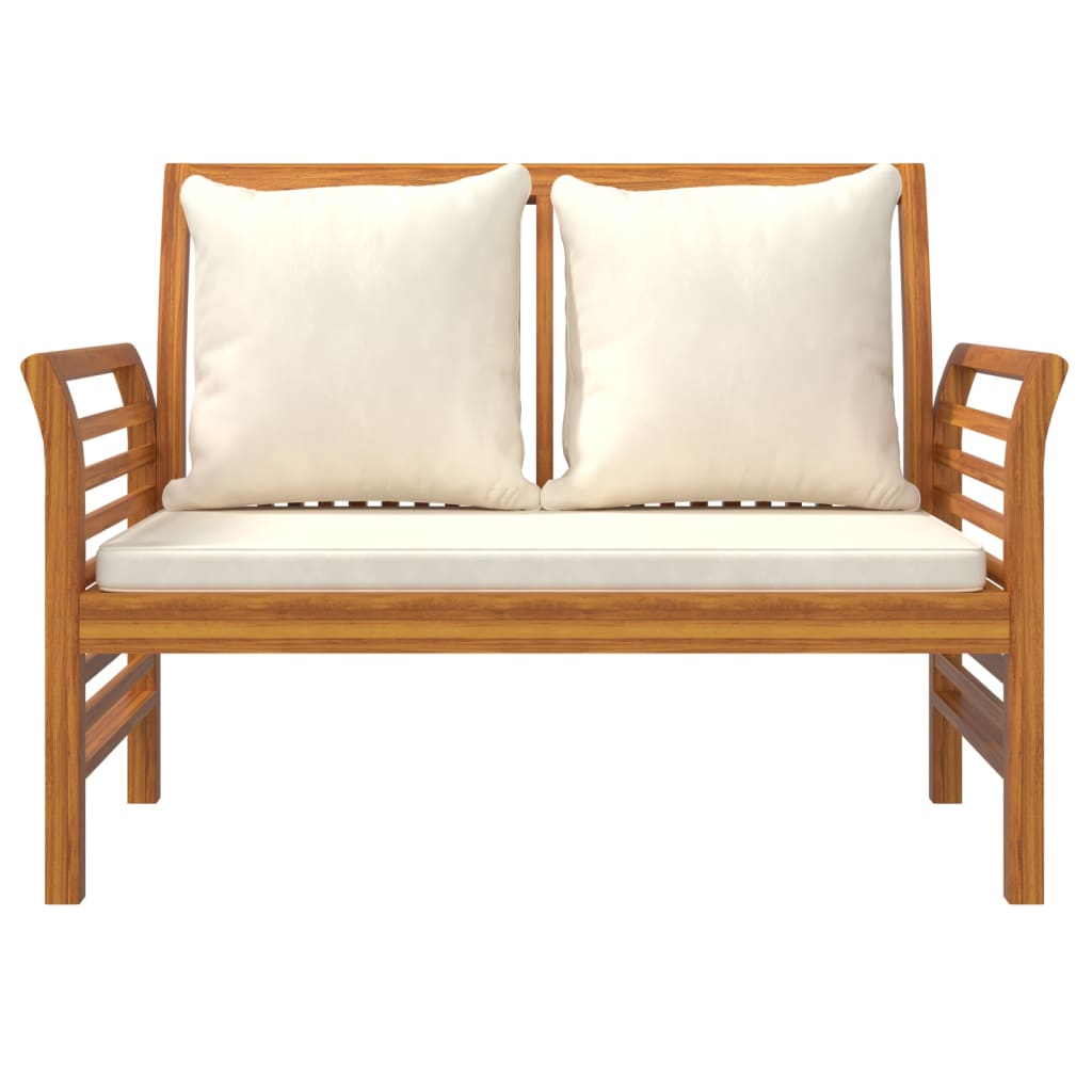 Sofa bench with cream white cushions in solid acacia wood