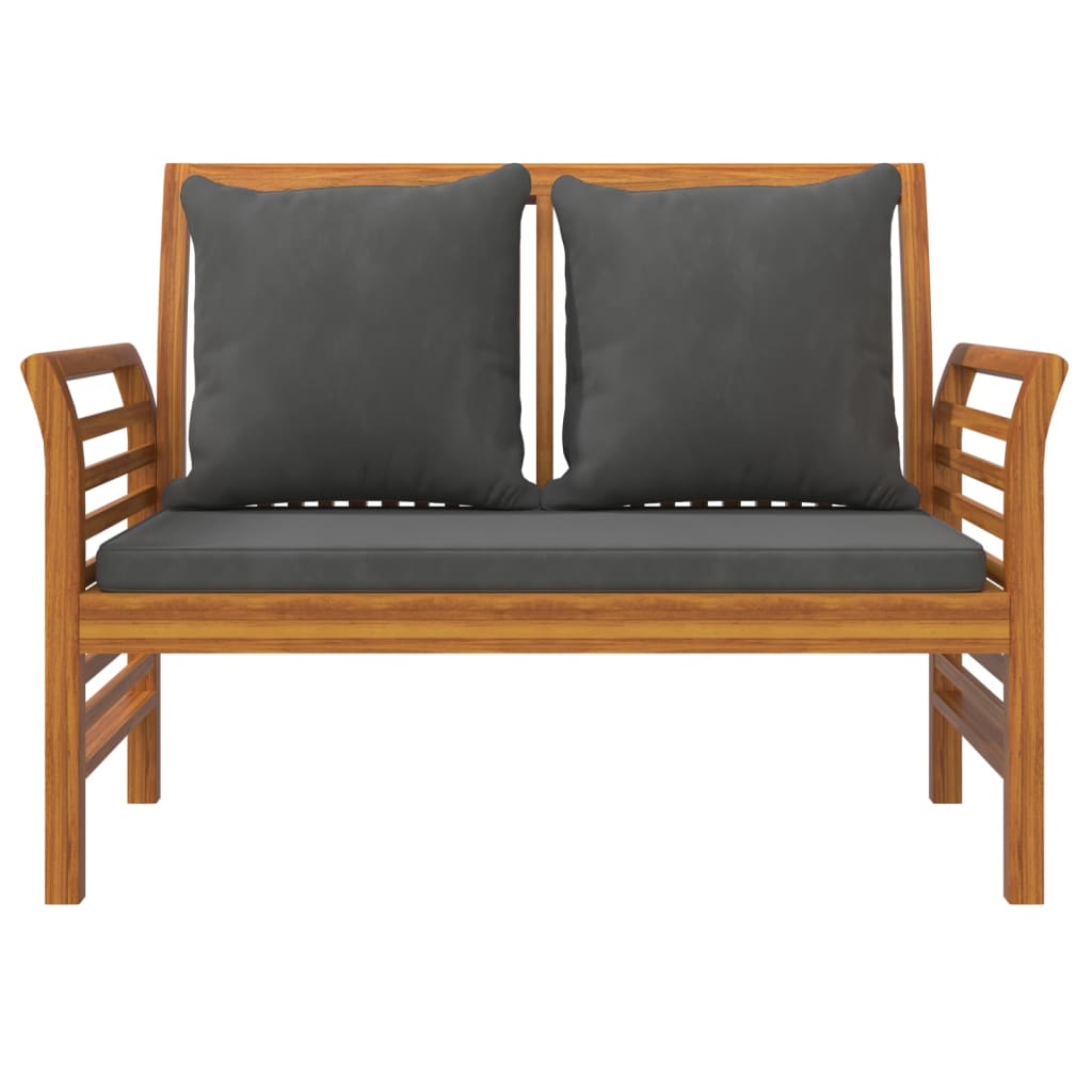Sofa bench with dark gray cushions in solid acacia wood