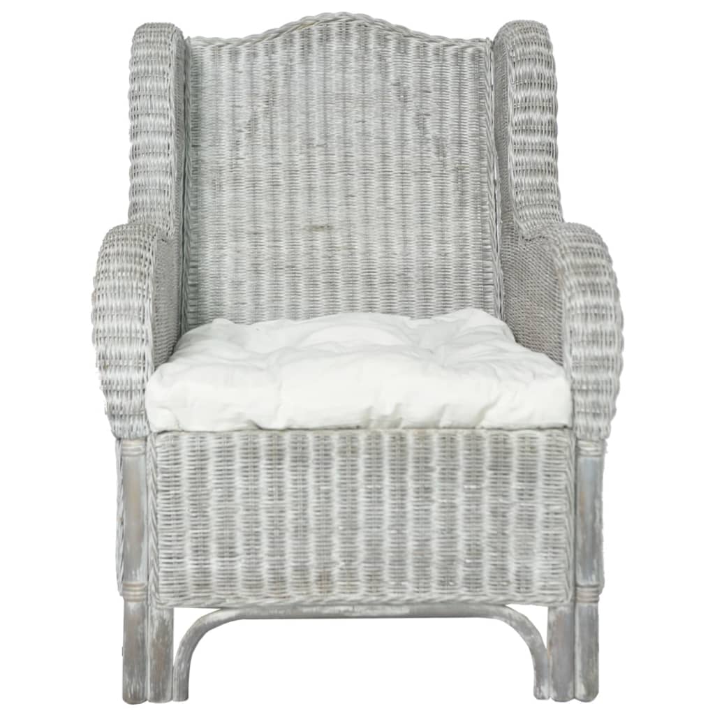 Armchair with cushions in gray natural rattan and linen