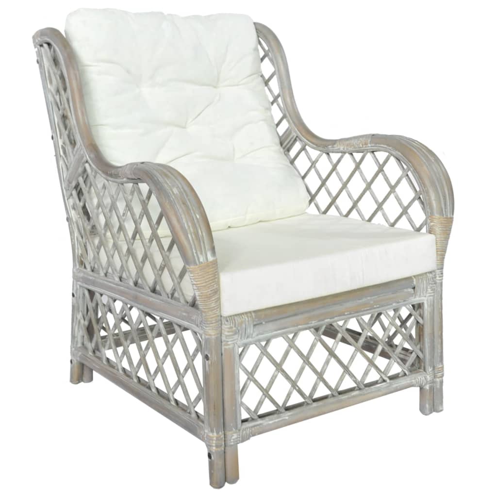 Armchair with cushions in gray natural rattan and linen