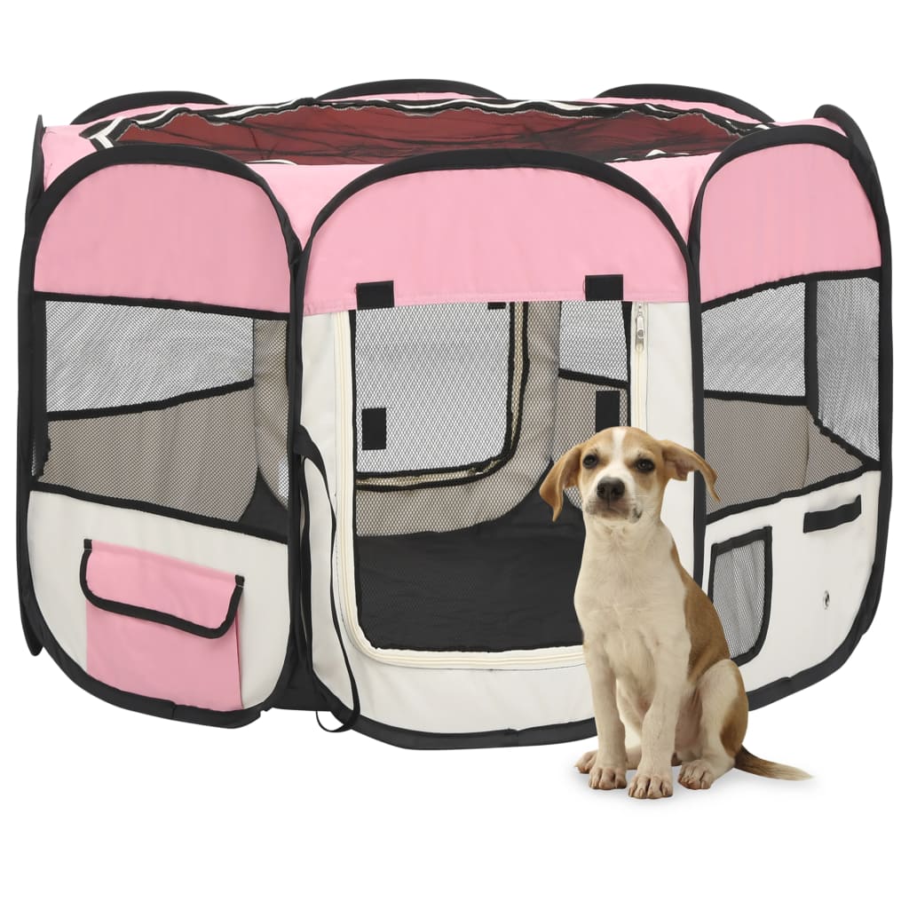 Foldable puppy playpen with carry bag pink 90x90x58 cm