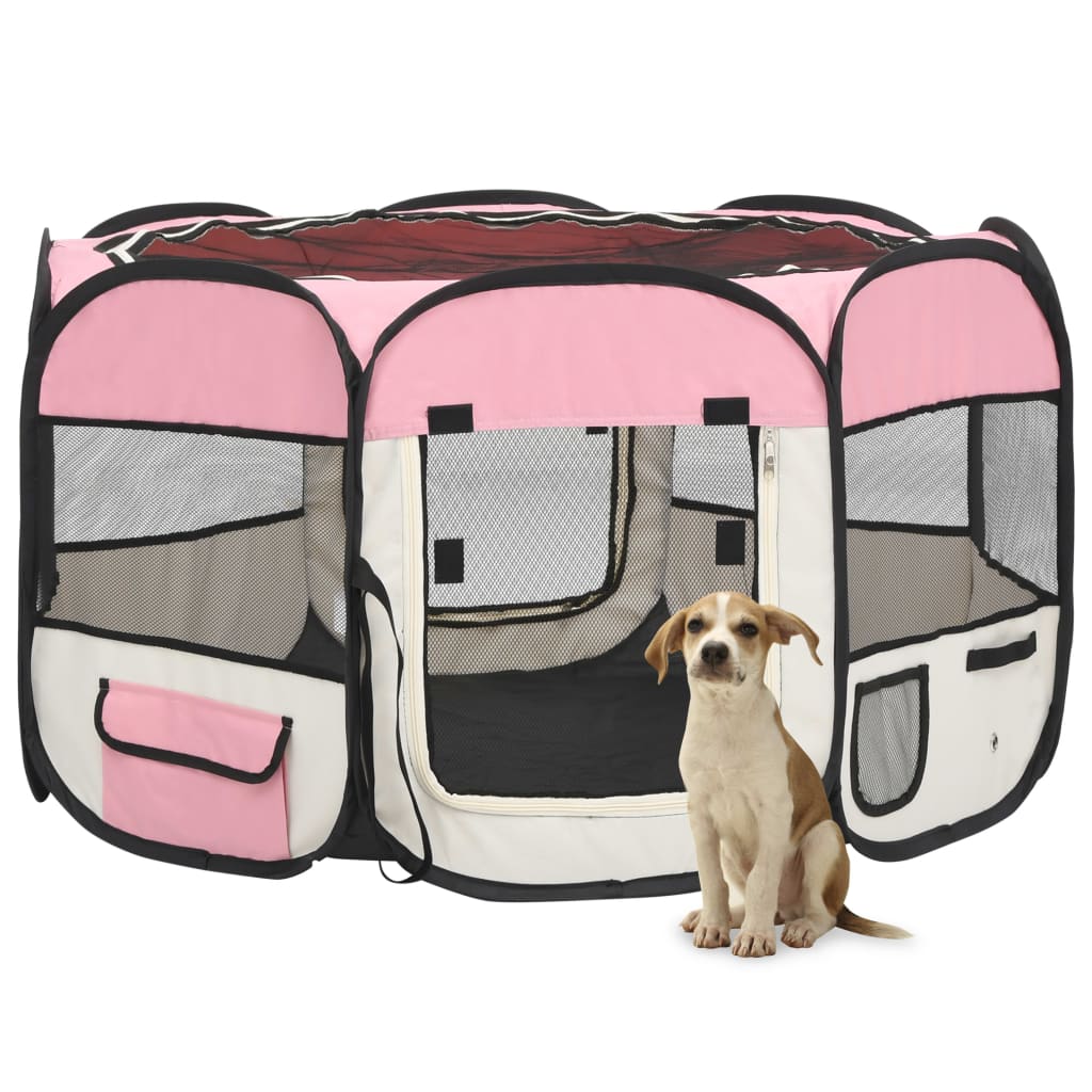 Foldable puppy playpen with carry bag pink 110x110x58 cm