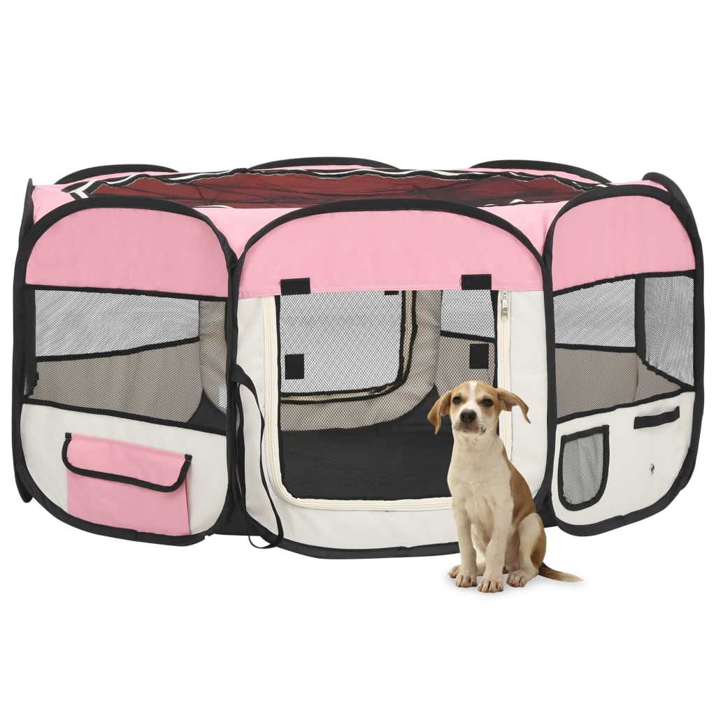 Foldable puppy playpen with carry bag pink 145x145x61 cm