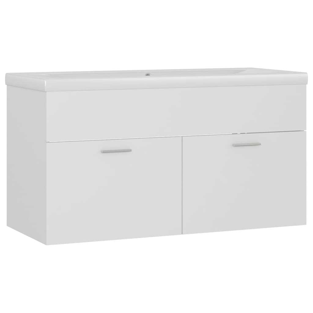 Washbasin base cabinet with built-in sink, white wood material