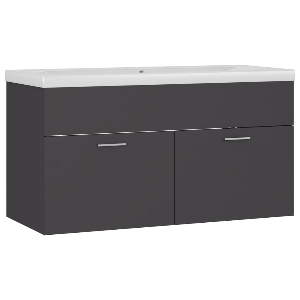 Washbasin base cabinet with built-in basin made of gray wood material