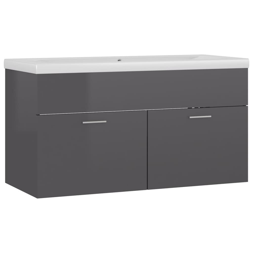 Sink base cabinet with built-in basin in high-gloss gray