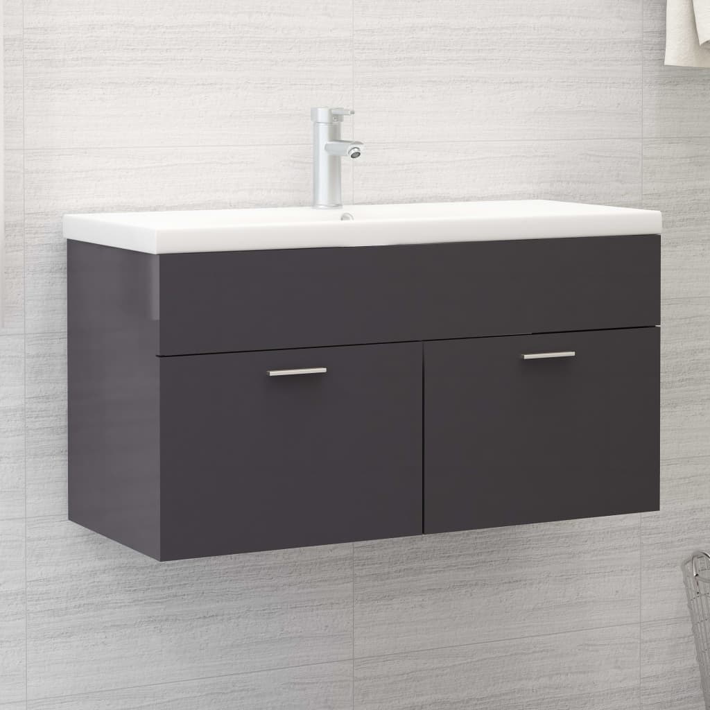 Sink base cabinet with built-in basin in high-gloss gray