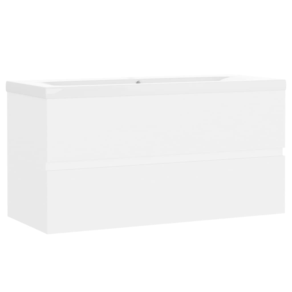 Washbasin base cabinet with built-in sink, white wood material