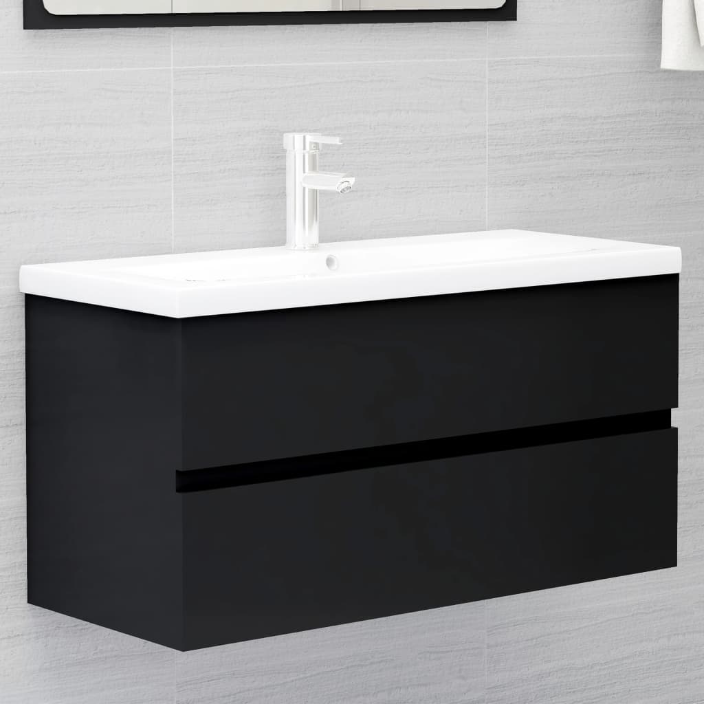 Sink base cabinet with built-in sink, black wood material