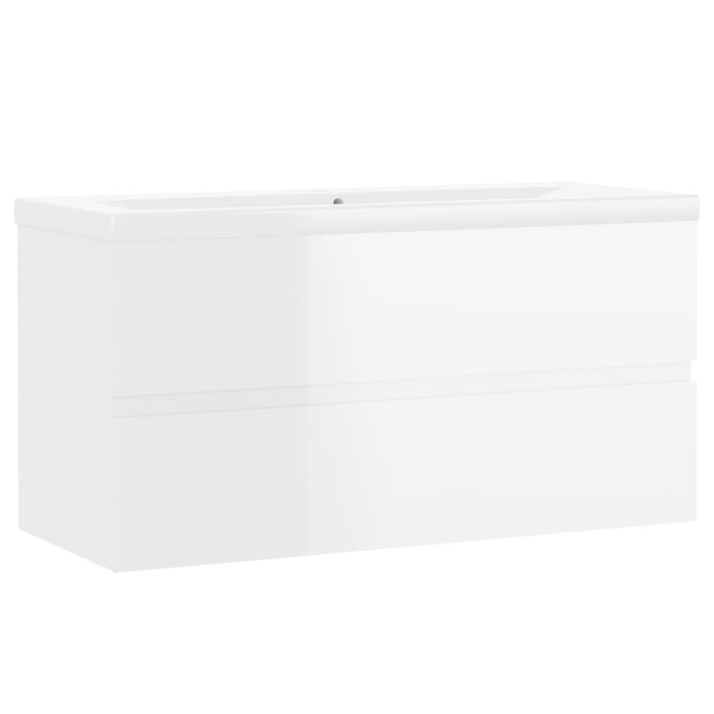 Sink base cabinet with built-in basin in high-gloss white