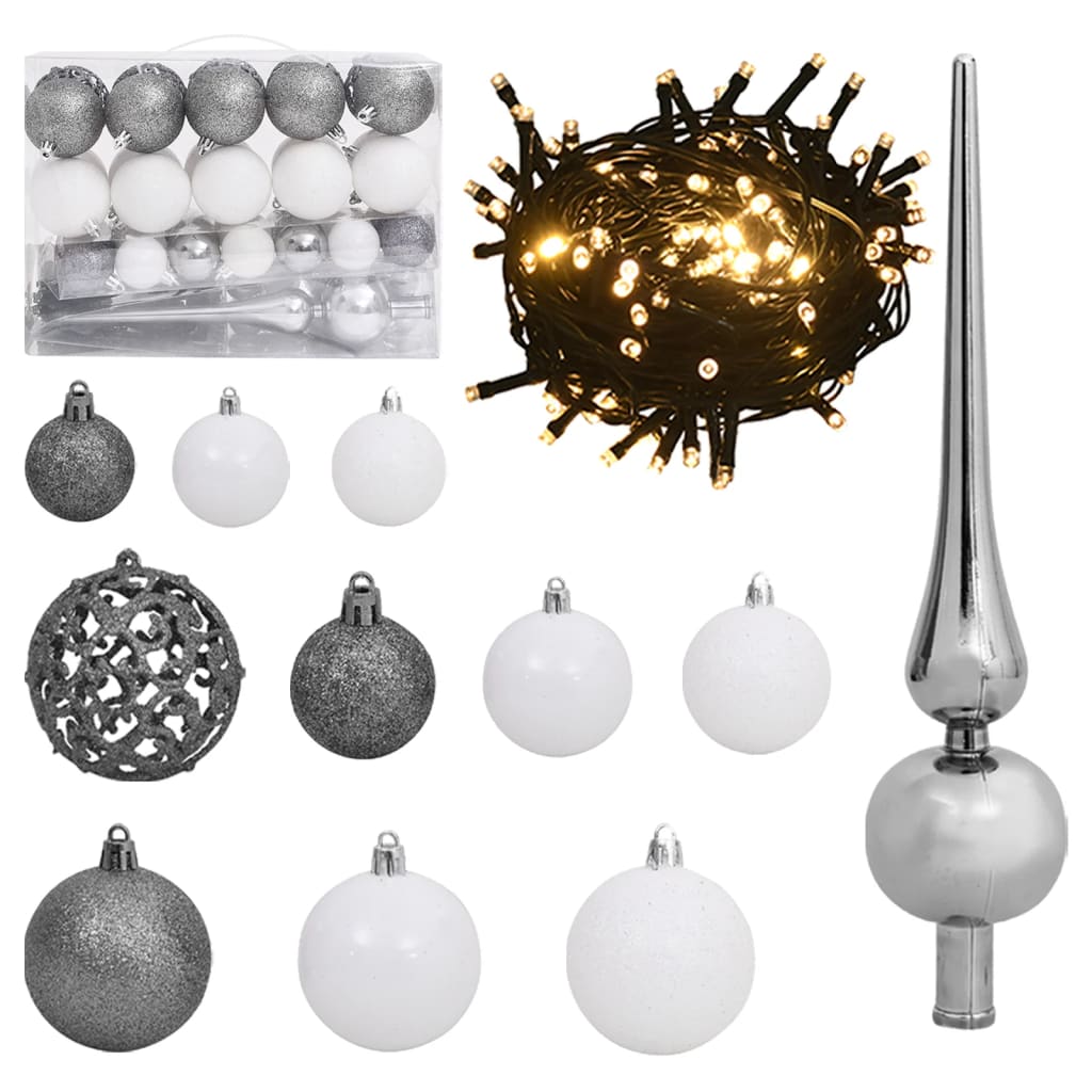 61 pieces Christmas ball set with lace and 150 LEDs white &amp; gray