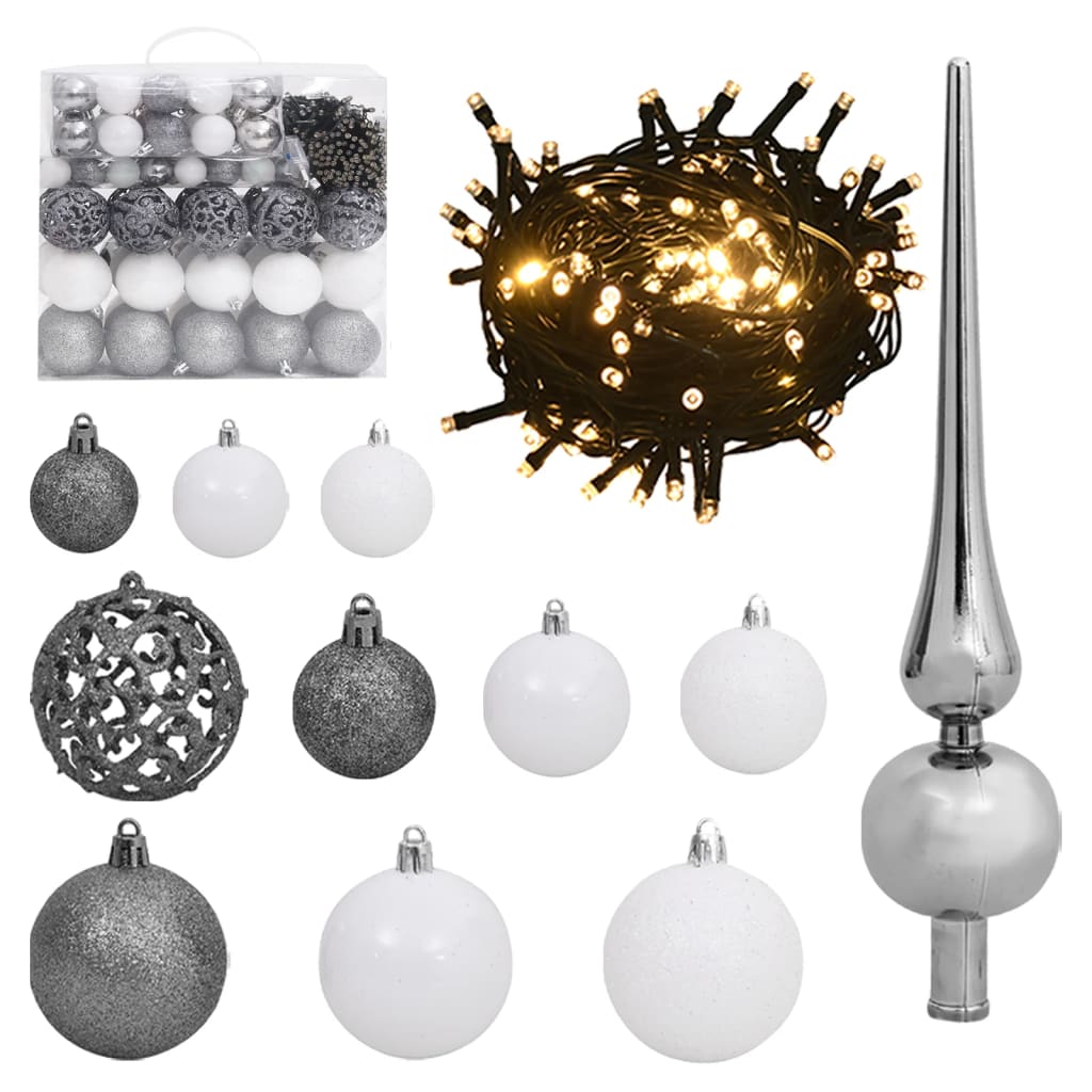 120 pieces Christmas ball set with lace &amp; 300 LEDs white &amp; gray