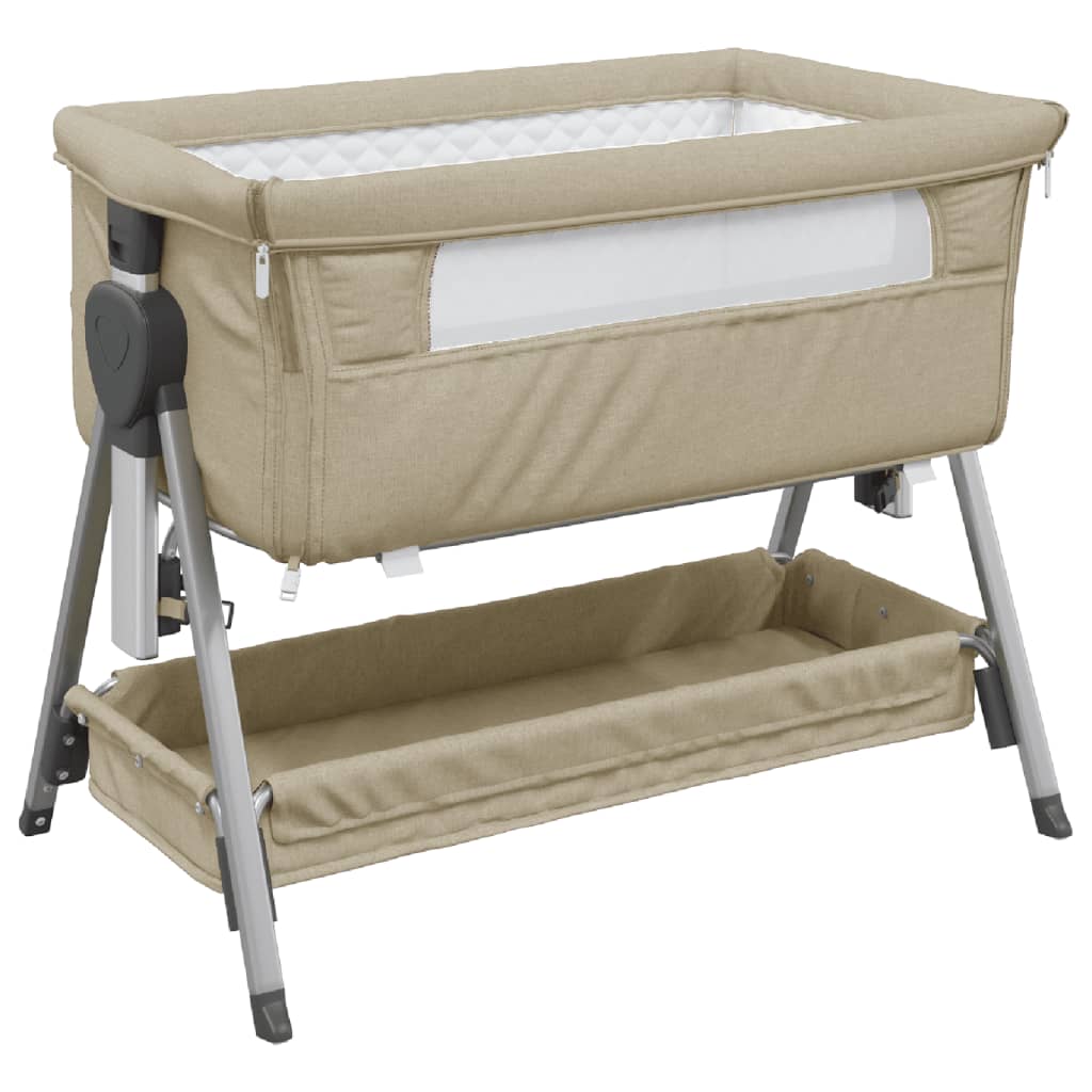 Baby bed with mattress taupe linen fabric
