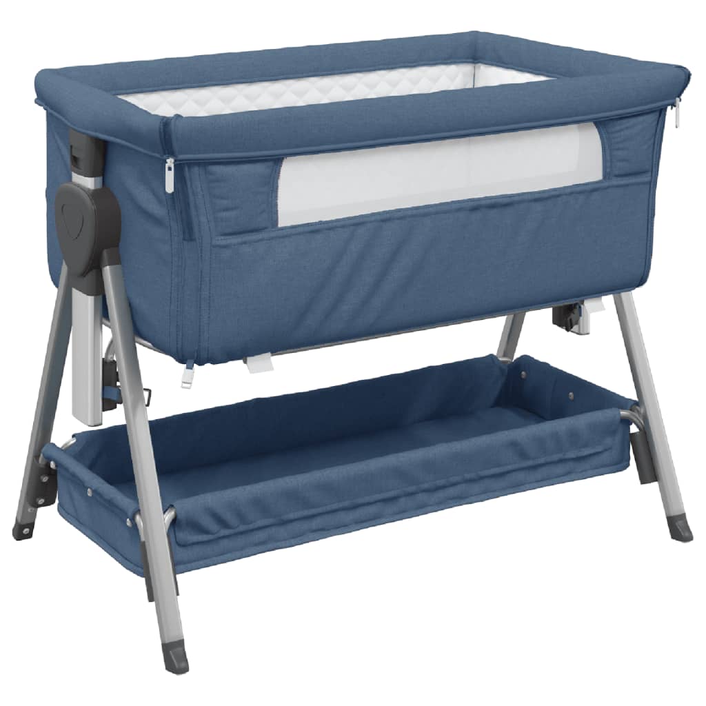 Baby bed with mattress navy blue linen fabric