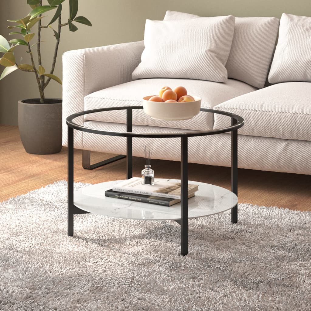 Side table black and white marble look 70 cm tempered glass