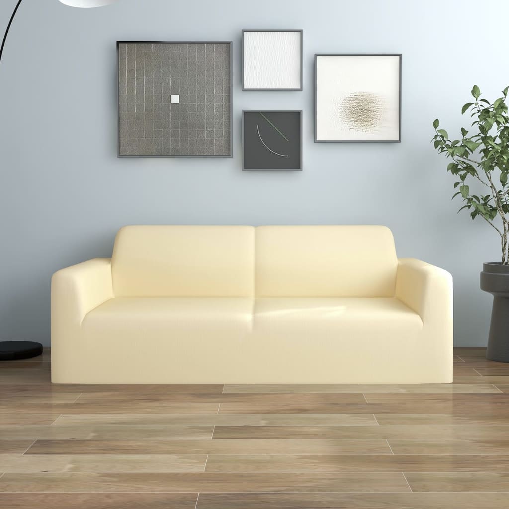 Stretch sofa cover 2-seater cream polyester jersey