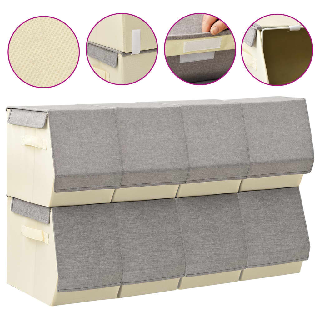 Storage boxes with lids 8 pieces. Stackable fabric gray cream