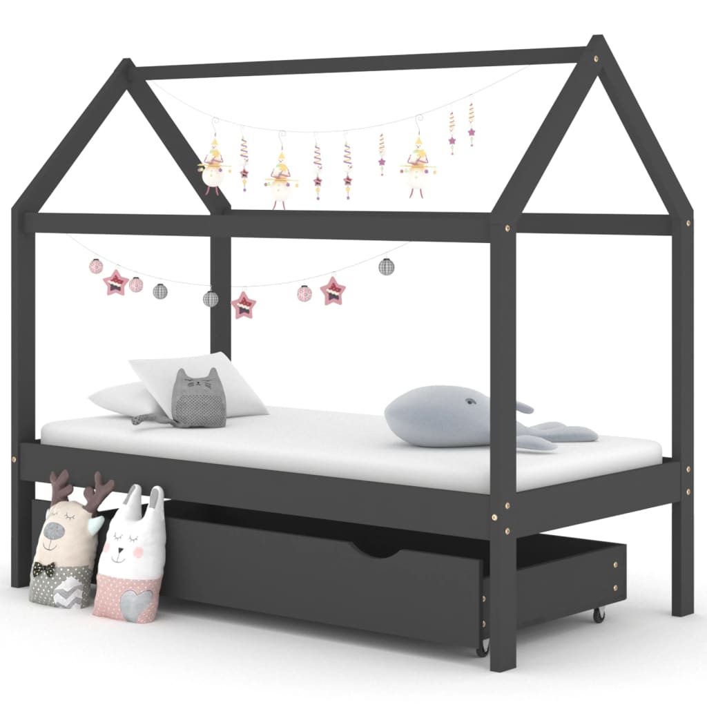 Children's bed with drawer dark gray solid pine wood 80x160 cm