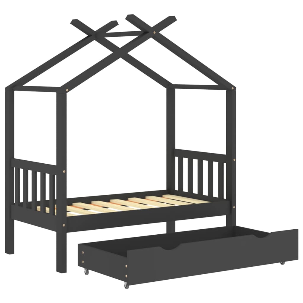 Children's bed with drawer dark gray solid pine wood 70x140 cm