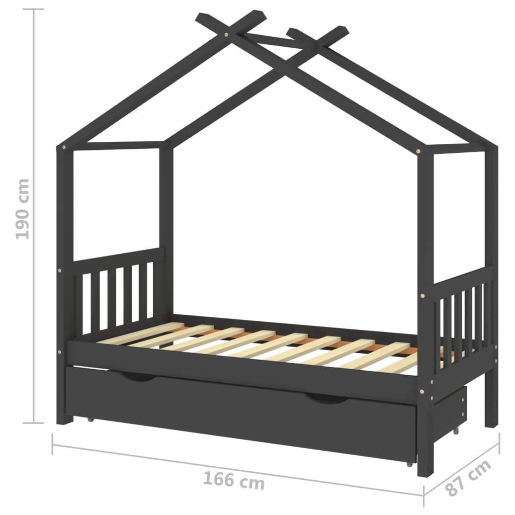 Kinderbett mit Schublade Dunkelgrau Massivholz Kiefer 80x160 cm