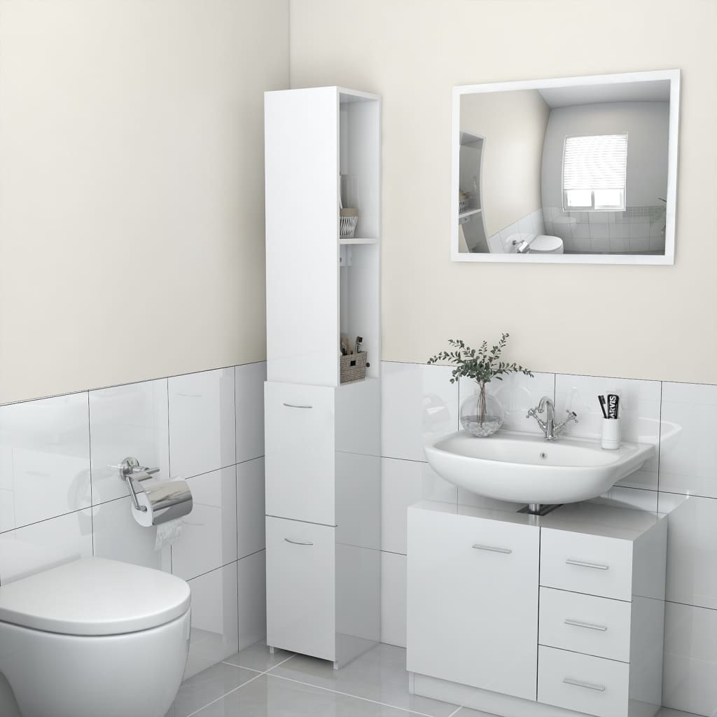 Bathroom cabinet high-gloss white 25x25x170 cm made of wood