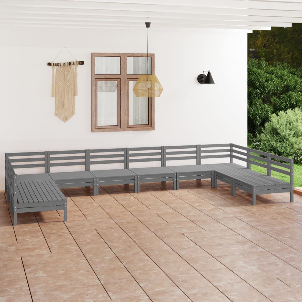10 pcs. Garden Lounge Set Gray Solid Pine Wood