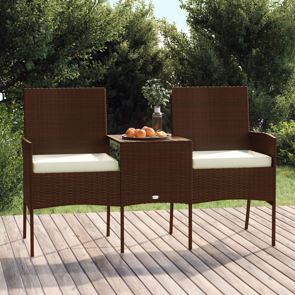 2-seater garden sofa with tea table poly rattan brown