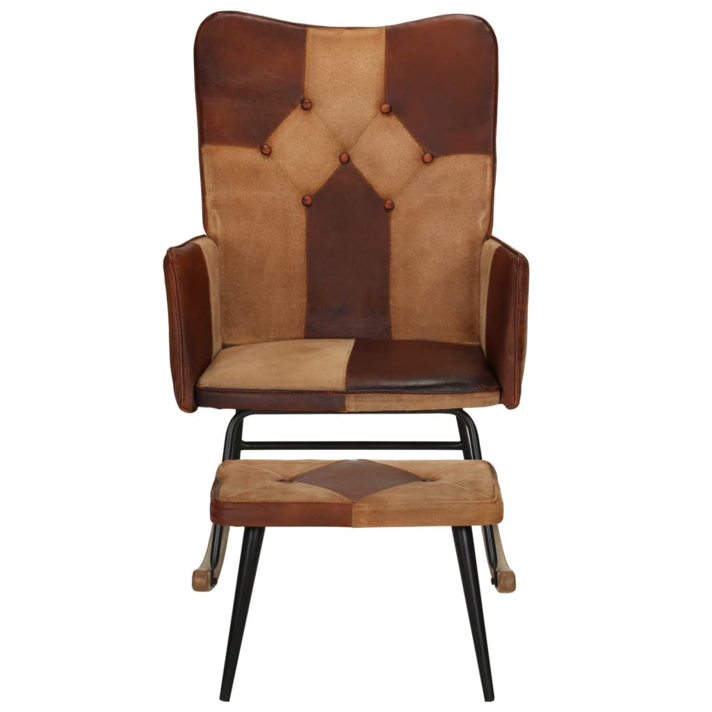 Rocking chair with stool brown genuine leather and canvas