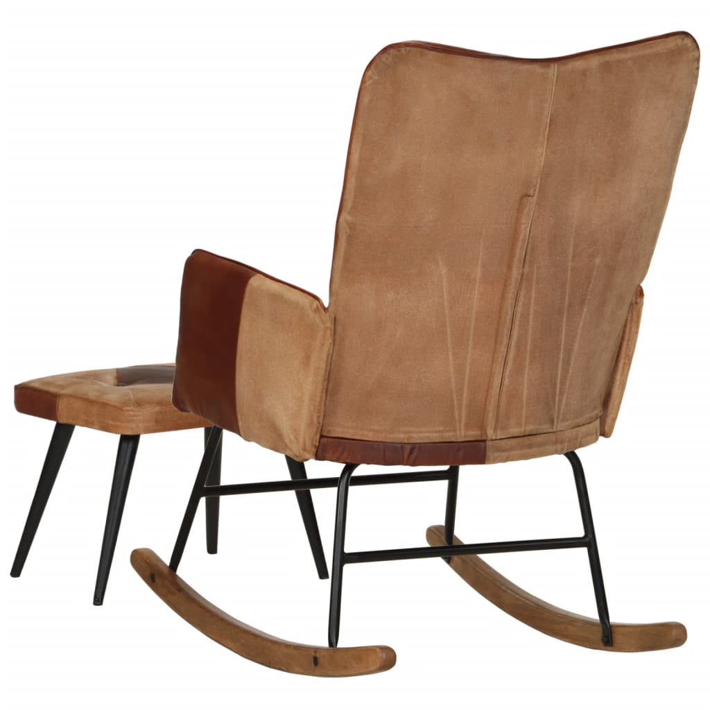 Rocking chair with stool brown genuine leather and canvas