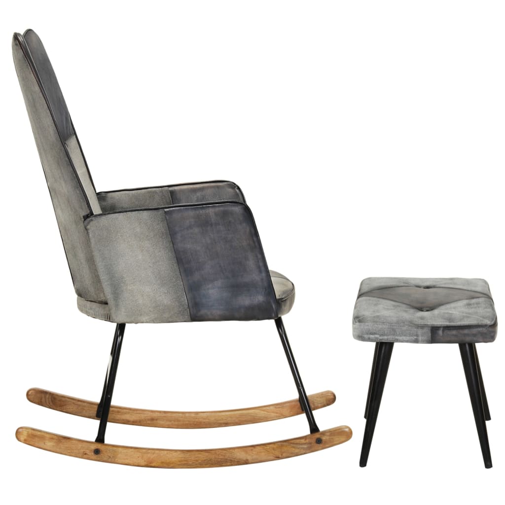 Rocking chair with stool gray genuine leather and canvas
