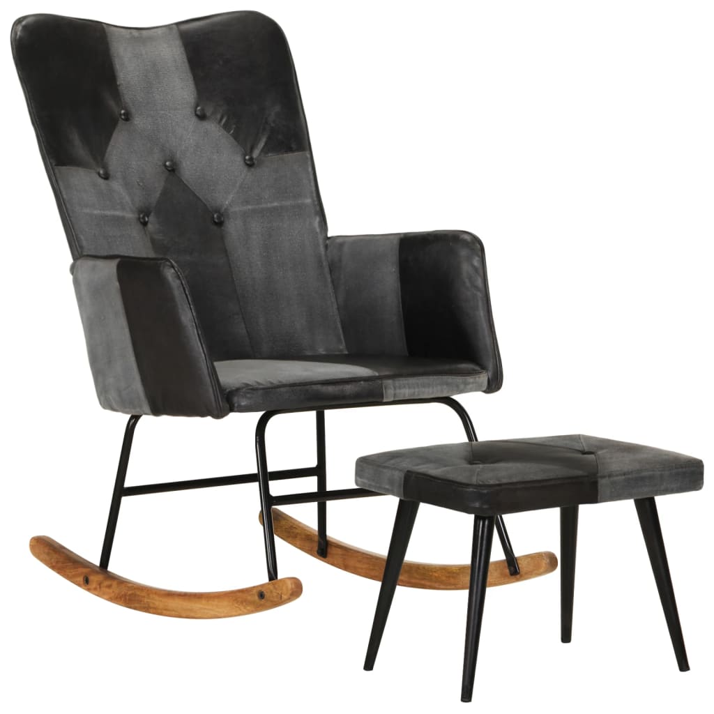 Rocking chair with stool black genuine leather and canvas