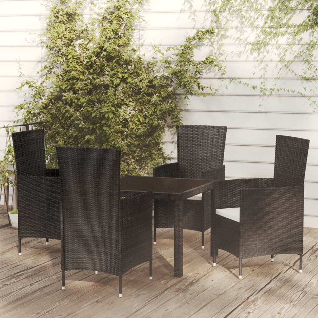 5 pcs. Garden dining group with cushions poly rattan black