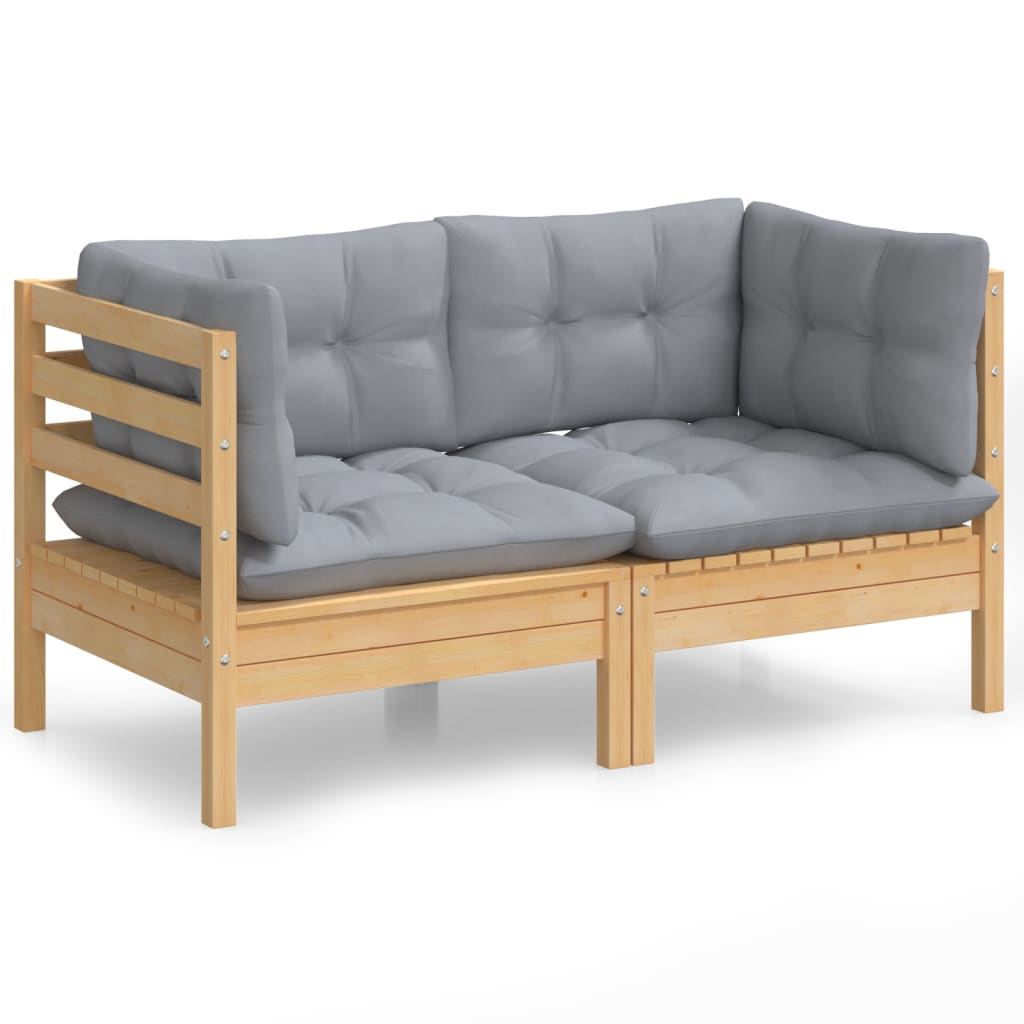 2-Seater Garden Sofa with Gray Cushions Solid Pine Wood